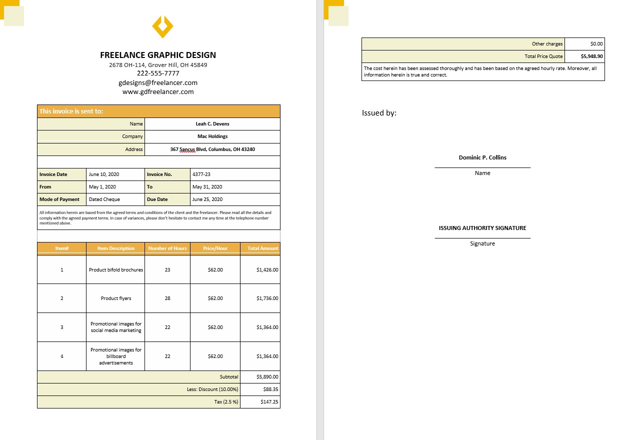 Free Freelance Hourly Invoice PSD template